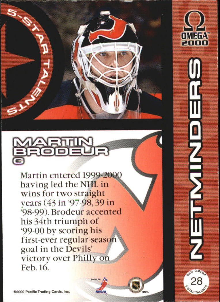 1999-00 Pacific Omega 5 Star Talents #28 Martin Brodeur back image