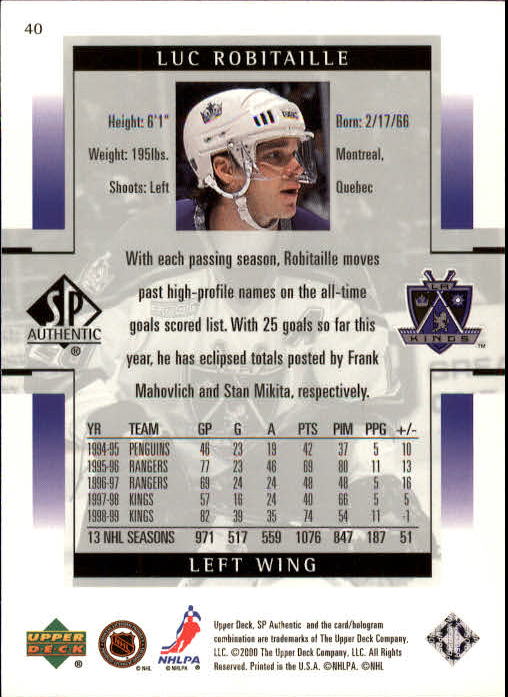 1999-00 SP Authentic #40 Luc Robitaille back image
