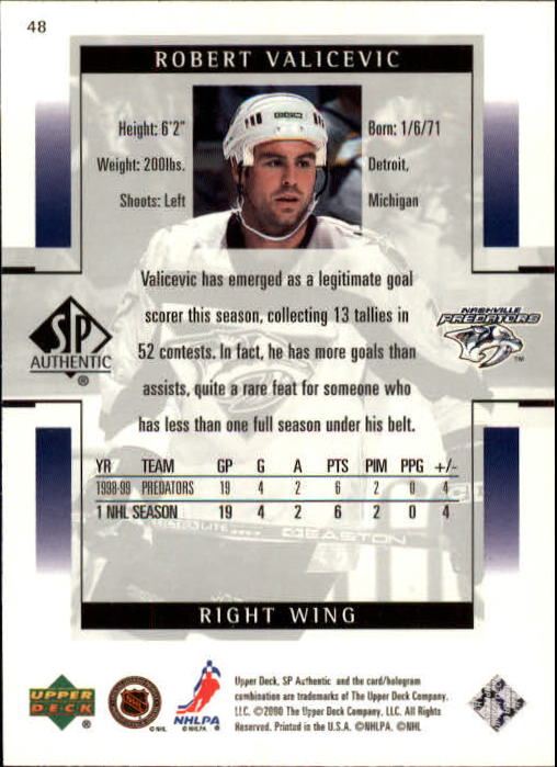 1999-00 SP Authentic #48 Rob Valicevic RC back image