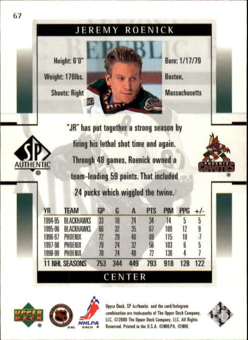 1999-00 SP Authentic #67 Jeremy Roenick back image
