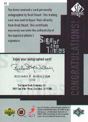 1999-00 SP Authentic Sign of the Times #BS Brad Stuart