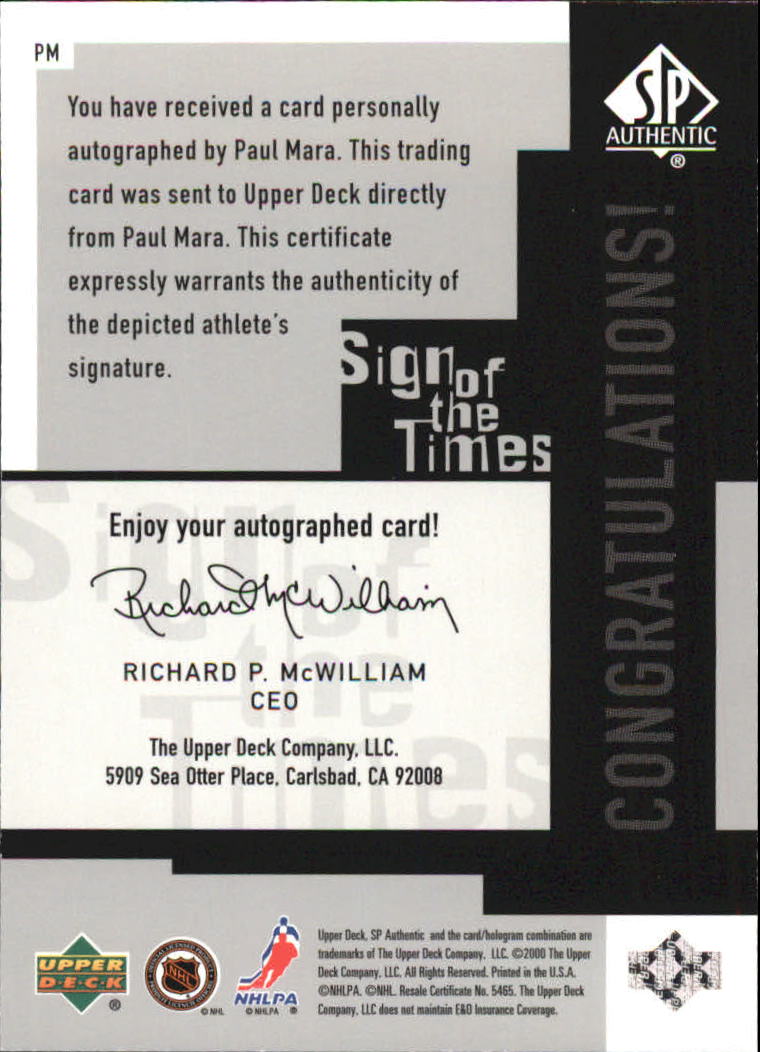 1999-00 SP Authentic Sign of the Times #PM Paul Mara back image