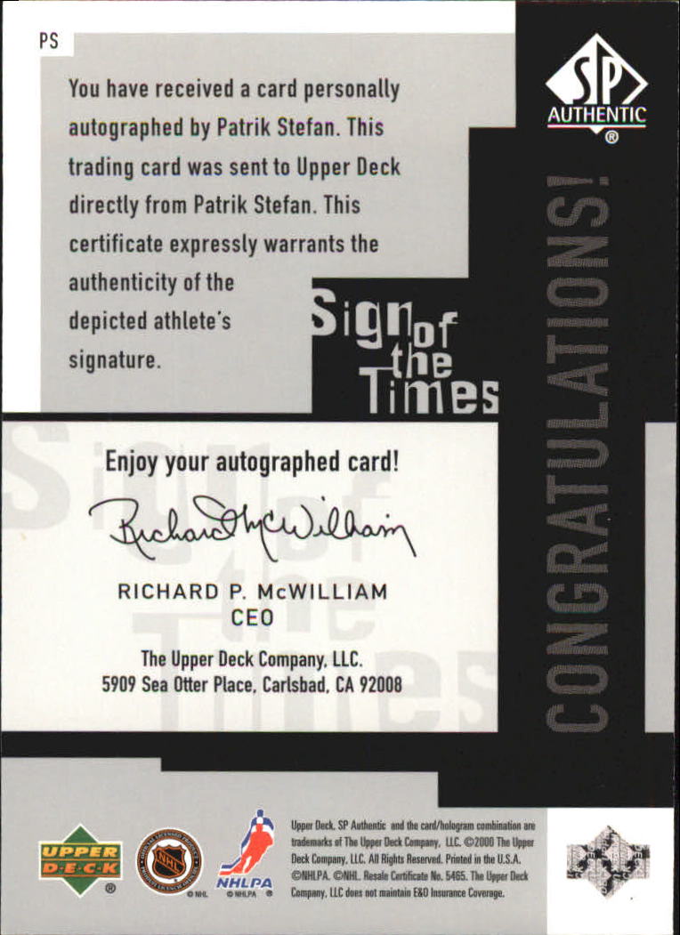 1999-00 SP Authentic Sign of the Times #PS Patrik Stefan