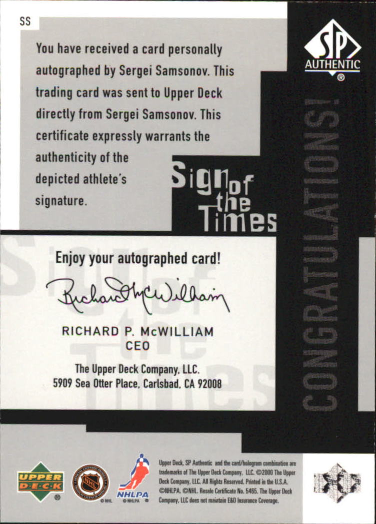 1999-00 SP Authentic Sign of the Times #SS Sergei Samsonov