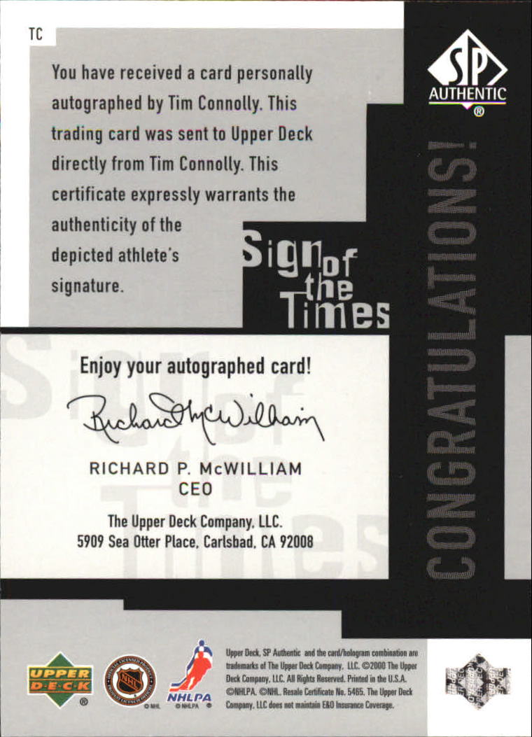 1999-00 SP Authentic Sign of the Times #TC Tim Connolly