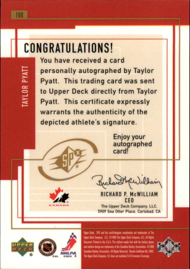 1999-00 SPx #168 Taylor Pyatt AU back image