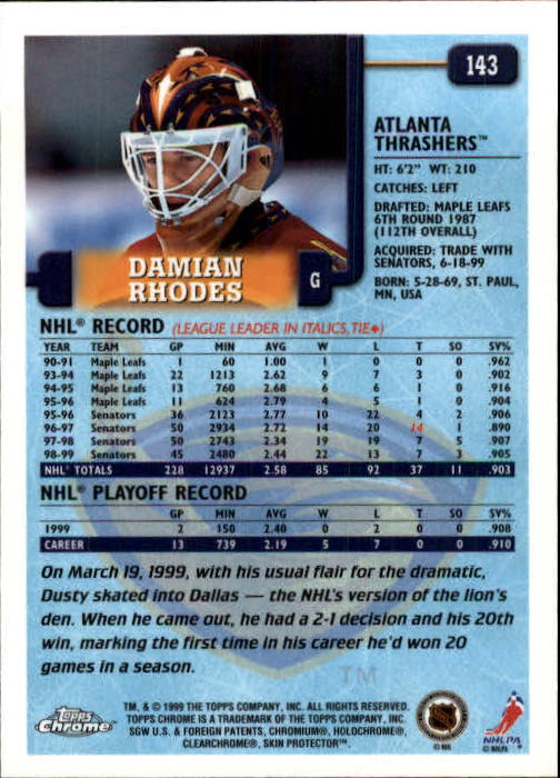 1999-00 Topps #143 Damian Rhodes back image