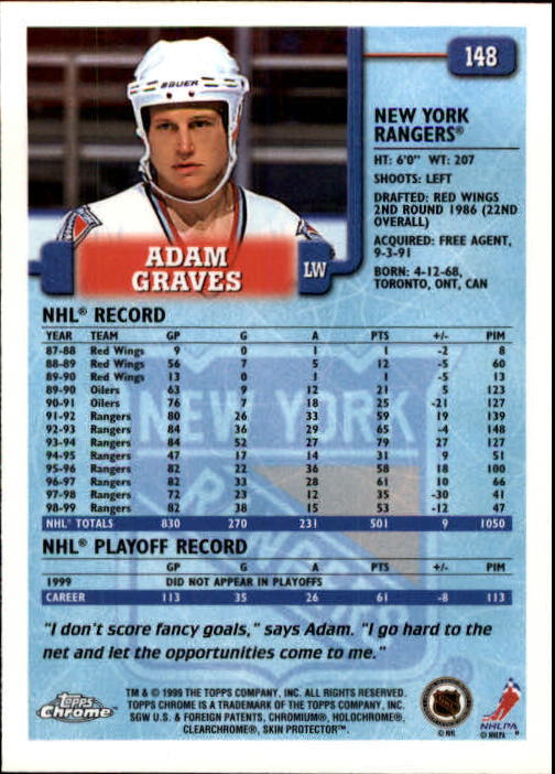 1999-00 Topps #148 Adam Graves back image