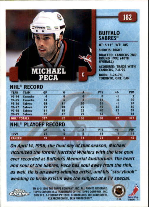 1999-00 Topps #162 Michael Peca back image