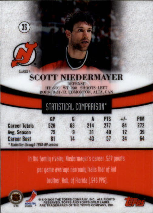 1999-00 Topps Gold Label Class 1 #33 Scott Niedermayer back image
