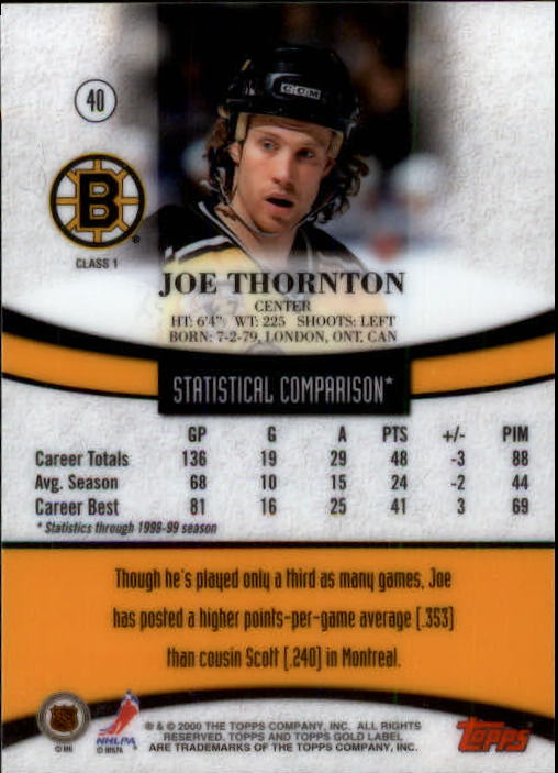 1999-00 Topps Gold Label Class 1 #40 Joe Thornton back image