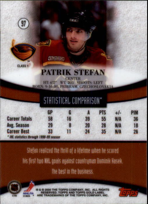 1999-00 Topps Gold Label Class 1 #97 Patrik Stefan RC back image