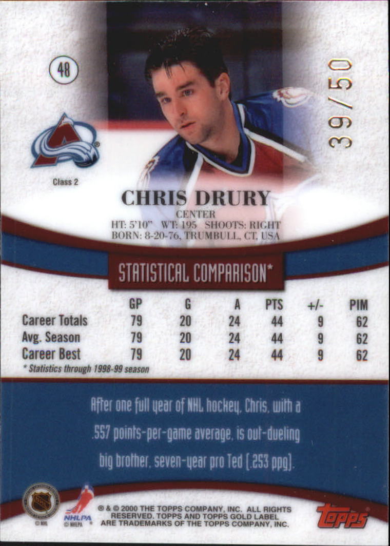 1999-00 Topps Gold Label Class 2 Red #48 Chris Drury back image