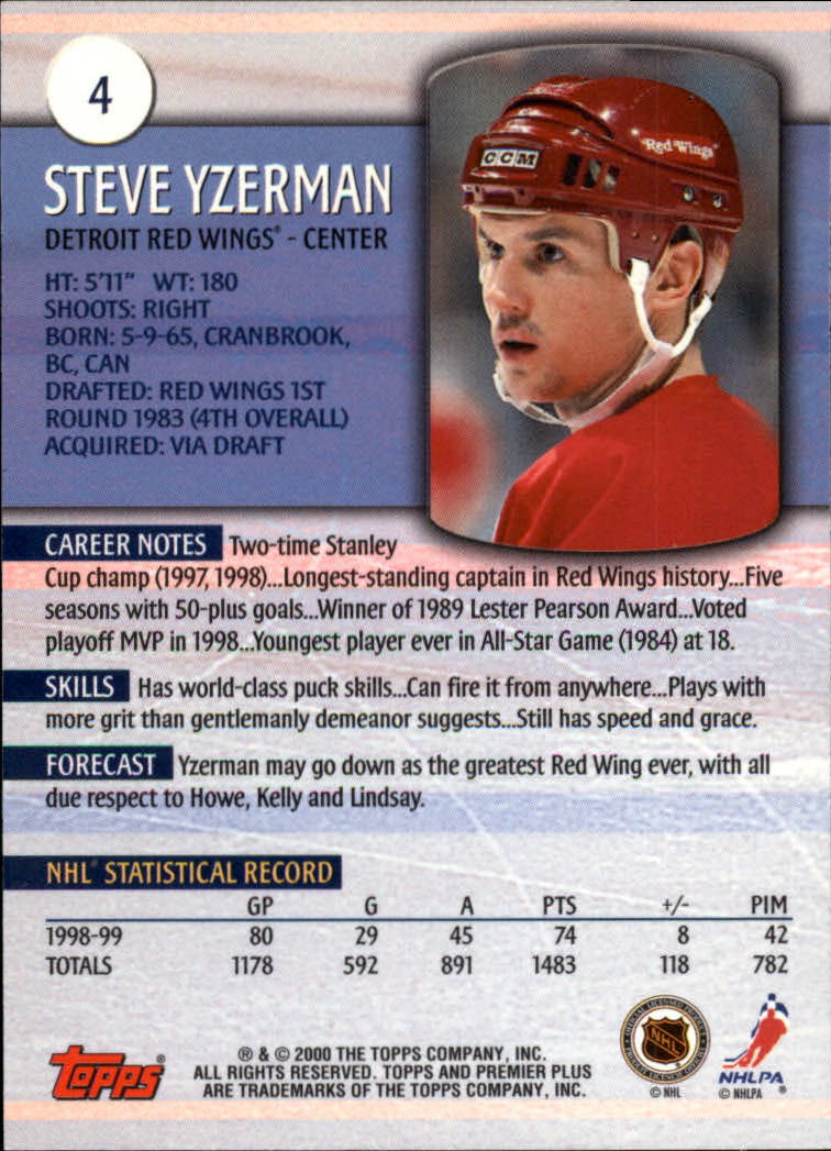 1999-00 Topps Premier Plus #4 Steve Yzerman back image