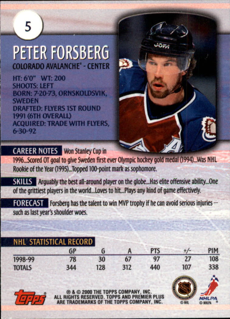 1999-00 Topps Premier Plus #5 Peter Forsberg back image
