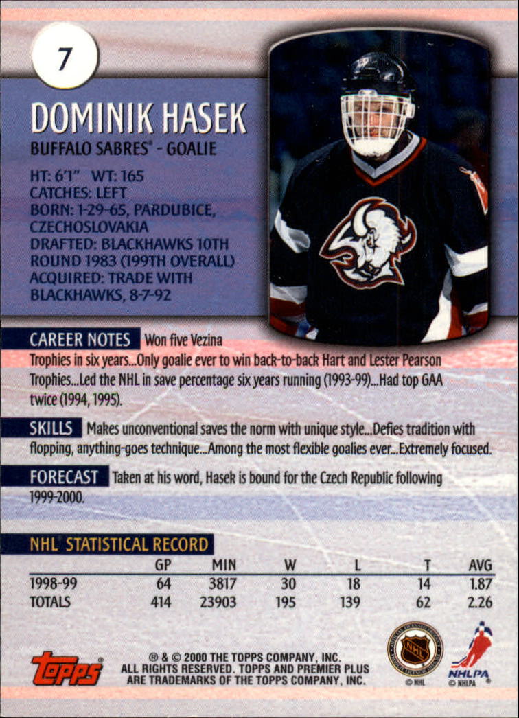 1999-00 Topps Premier Plus #7 Dominik Hasek back image