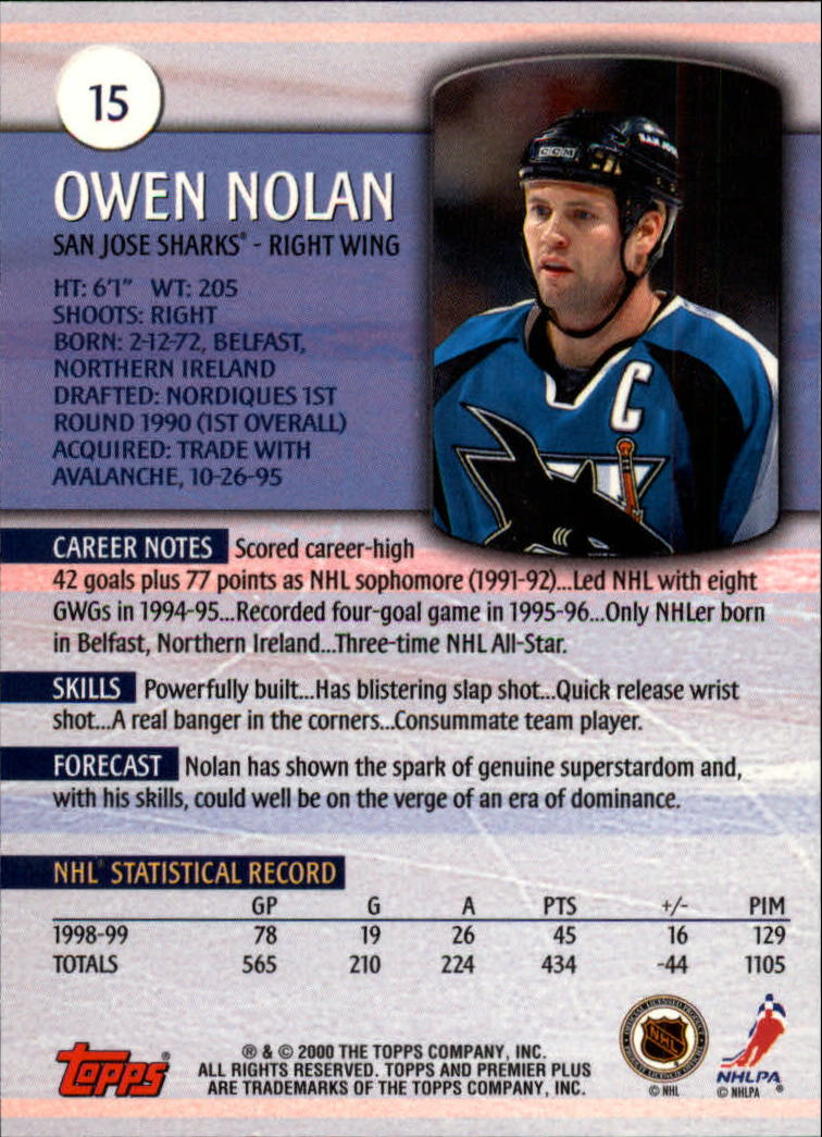 1999-00 Topps Premier Plus #15 Owen Nolan back image