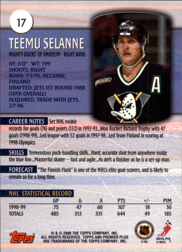 1999-00 Topps Premier Plus #17 Teemu Selanne back image
