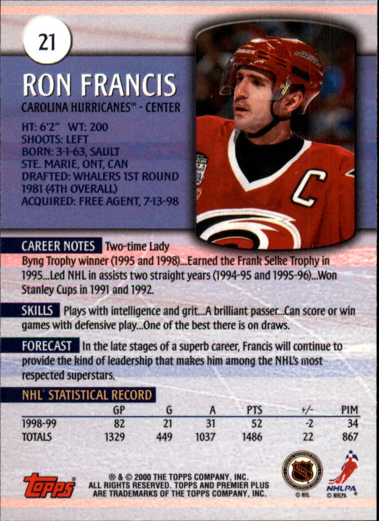1999-00 Topps Premier Plus #21 Ron Francis back image