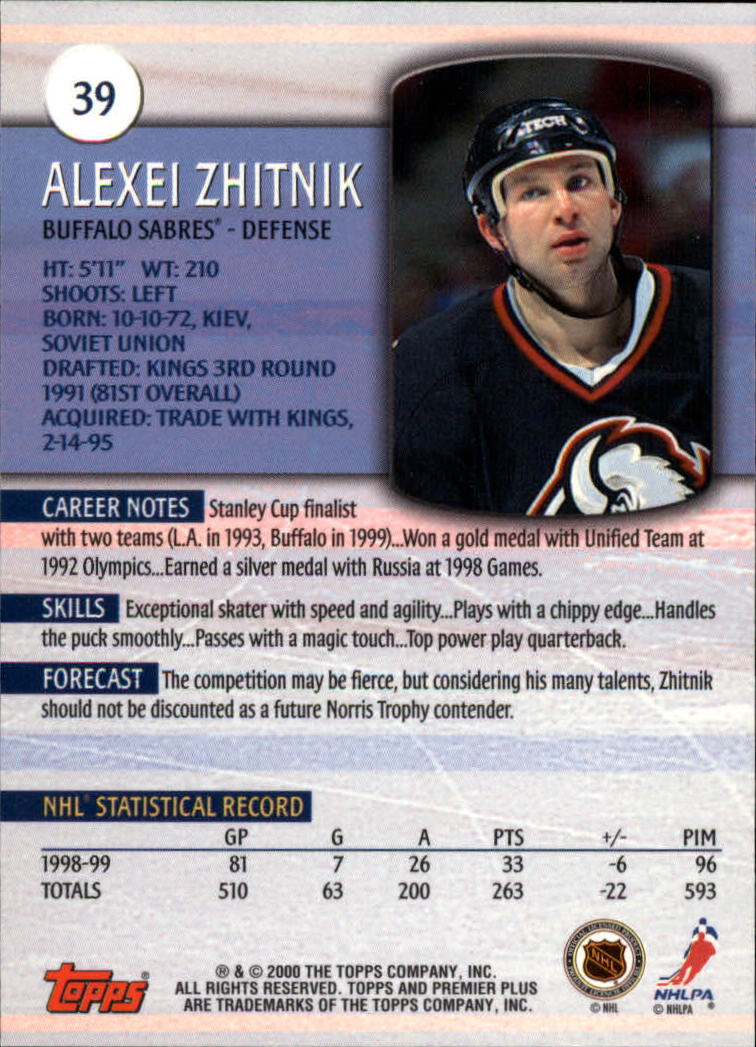 1999-00 Topps Premier Plus #39 Alexei Zhitnik back image