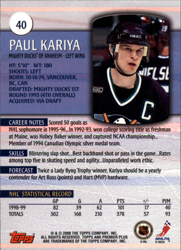 1999-00 Topps Premier Plus #40 Paul Kariya back image
