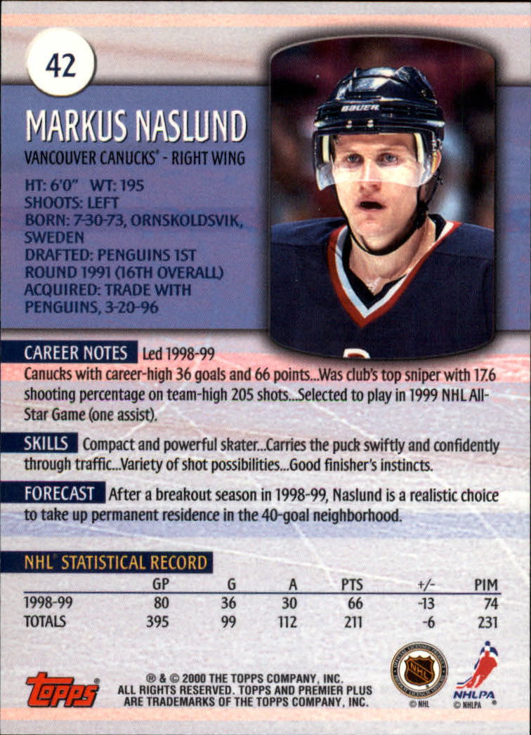 1999-00 Topps Premier Plus #42 Markus Naslund back image
