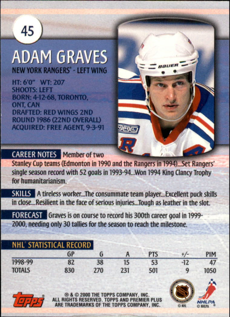 1999-00 Topps Premier Plus #45 Adam Graves back image