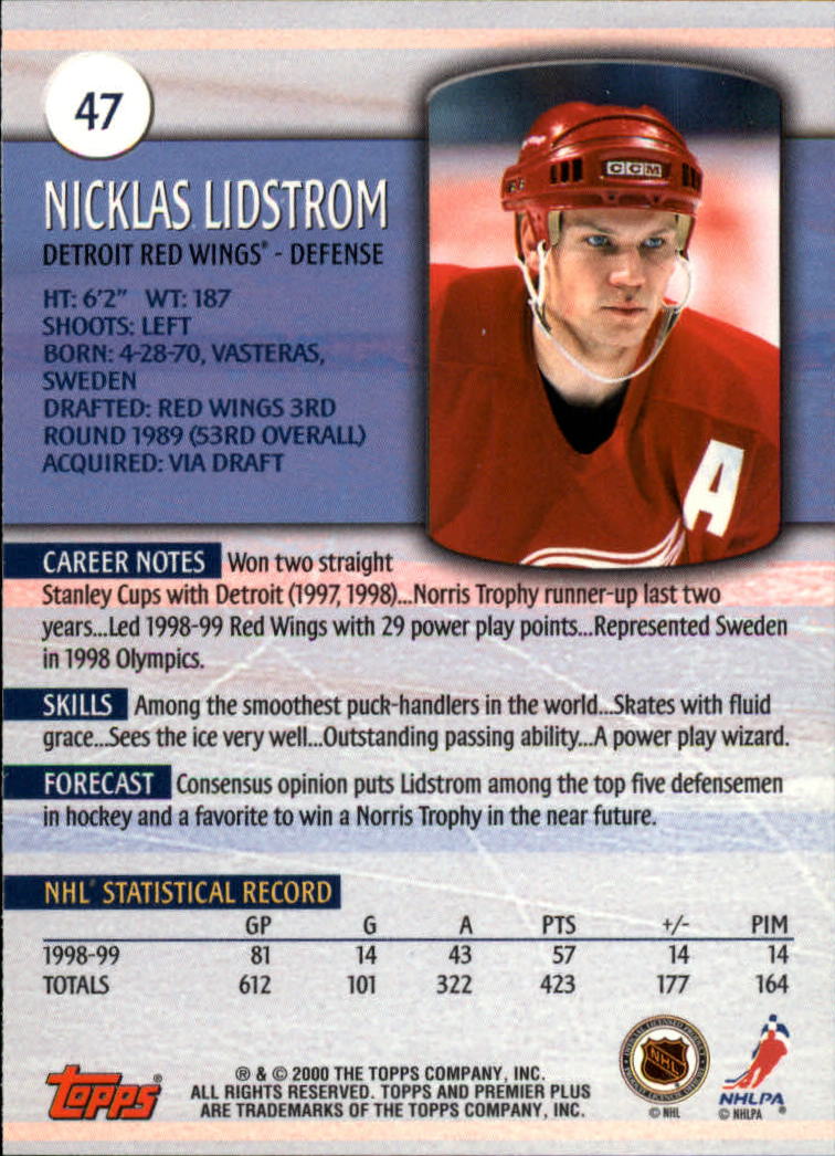 1999-00 Topps Premier Plus #47 Nicklas Lidstrom back image