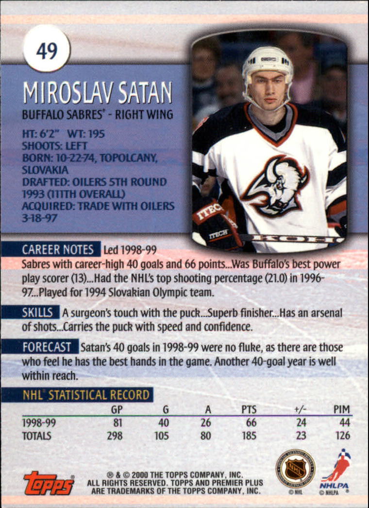 1999-00 Topps Premier Plus #49 Miroslav Satan back image
