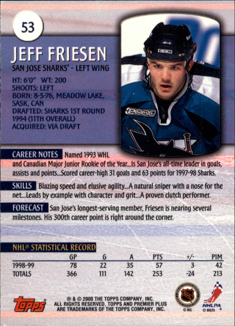 1999-00 Topps Premier Plus #53 Jeff Friesen back image