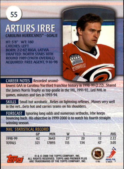 1999-00 Topps Premier Plus #55 Arturs Irbe back image