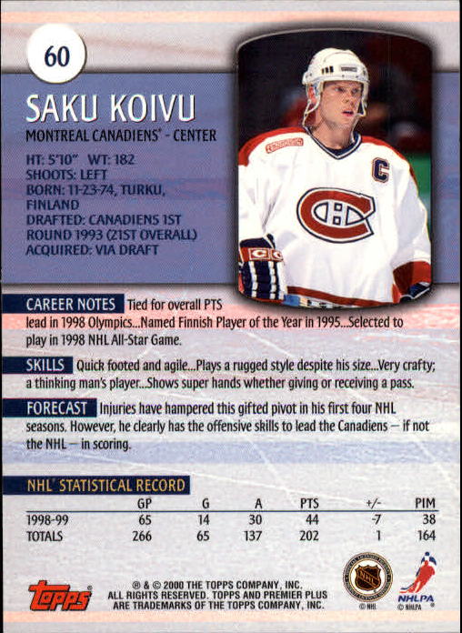1999-00 Topps Premier Plus #60 Saku Koivu back image