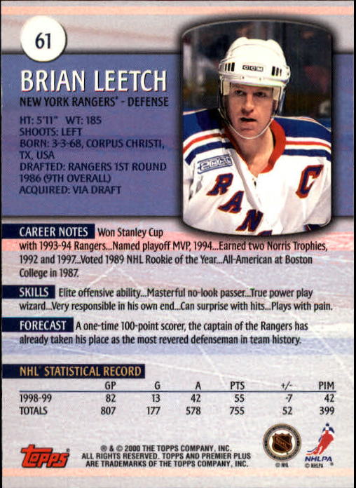 1999-00 Topps Premier Plus #61 Brian Leetch back image