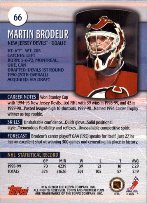 1999-00 Topps Premier Plus #66 Martin Brodeur back image