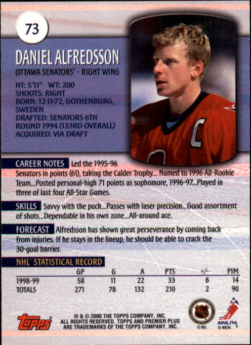 1999-00 Topps Premier Plus #73 Daniel Alfredsson back image