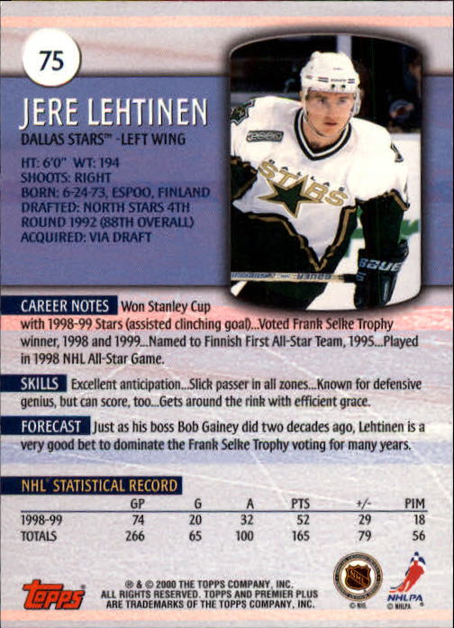 1999-00 Topps Premier Plus #75 Jere Lehtinen back image