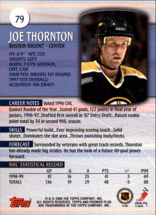 1999-00 Topps Premier Plus #79 Joe Thornton back image