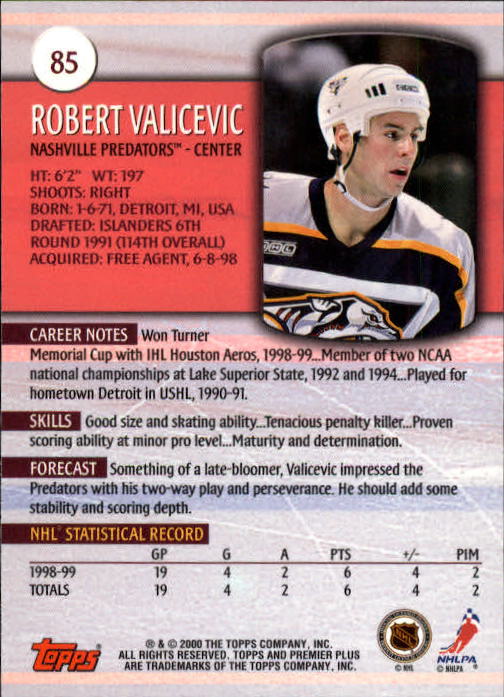 1999-00 Topps Premier Plus #85 Robert Valicevic RC back image