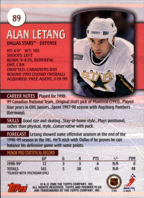 1999-00 Topps Premier Plus #89 Alan Letang RC back image