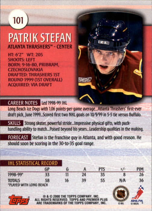 1999-00 Topps Premier Plus #101 Patrik Stefan RC back image