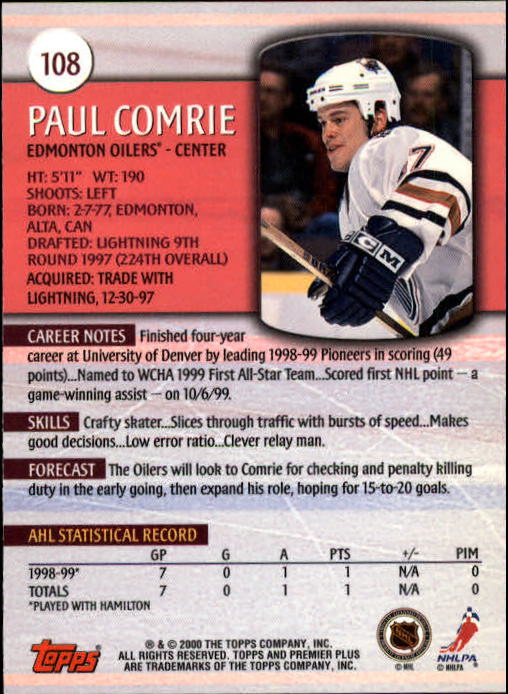1999-00 Topps Premier Plus #108 Paul Comrie RC back image