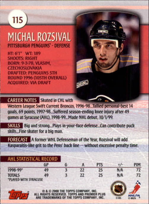 1999-00 Topps Premier Plus #115 Michal Rozsival RC back image