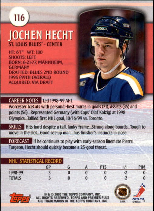 1999-00 Topps Premier Plus #116 Jochen Hecht RC back image