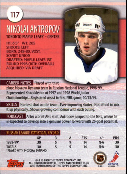 1999-00 Topps Premier Plus #117 Nikolai Antropov RC back image