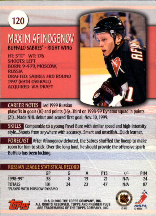 1999-00 Topps Premier Plus #120 Maxim Afinogenov back image
