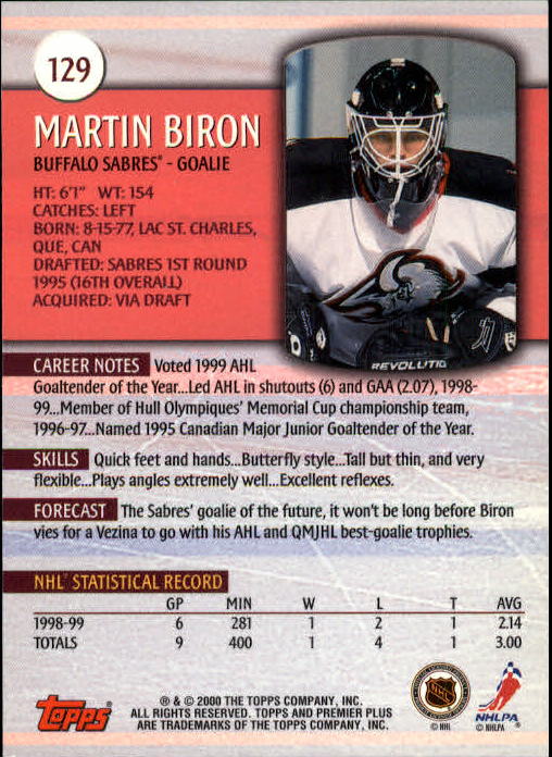 1999-00 Topps Premier Plus #129 Martin Biron back image