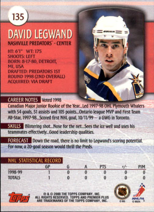 1999-00 Topps Premier Plus #135 David Legwand back image