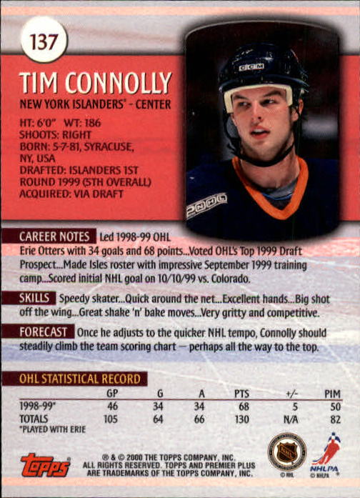 1999-00 Topps Premier Plus #137 Tim Connolly back image