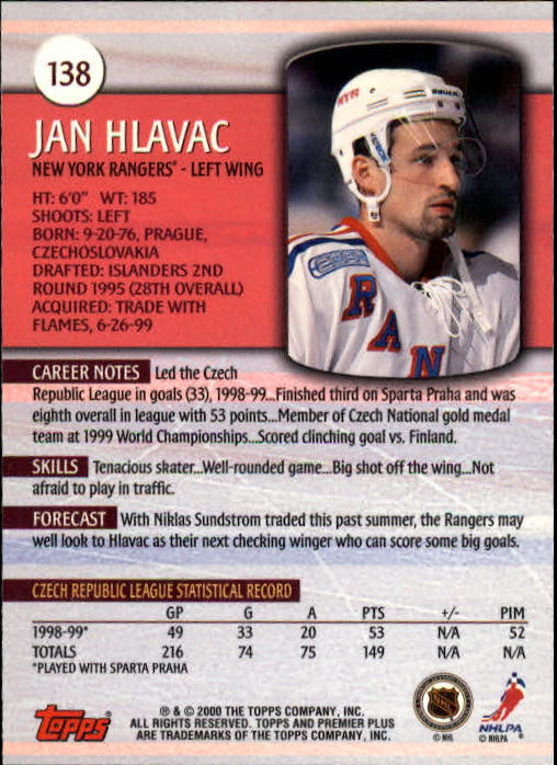 1999-00 Topps Premier Plus #138 Jan Hlavac back image
