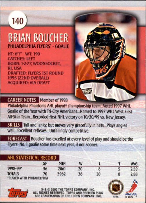 1999-00 Topps Premier Plus #140 Brian Boucher back image